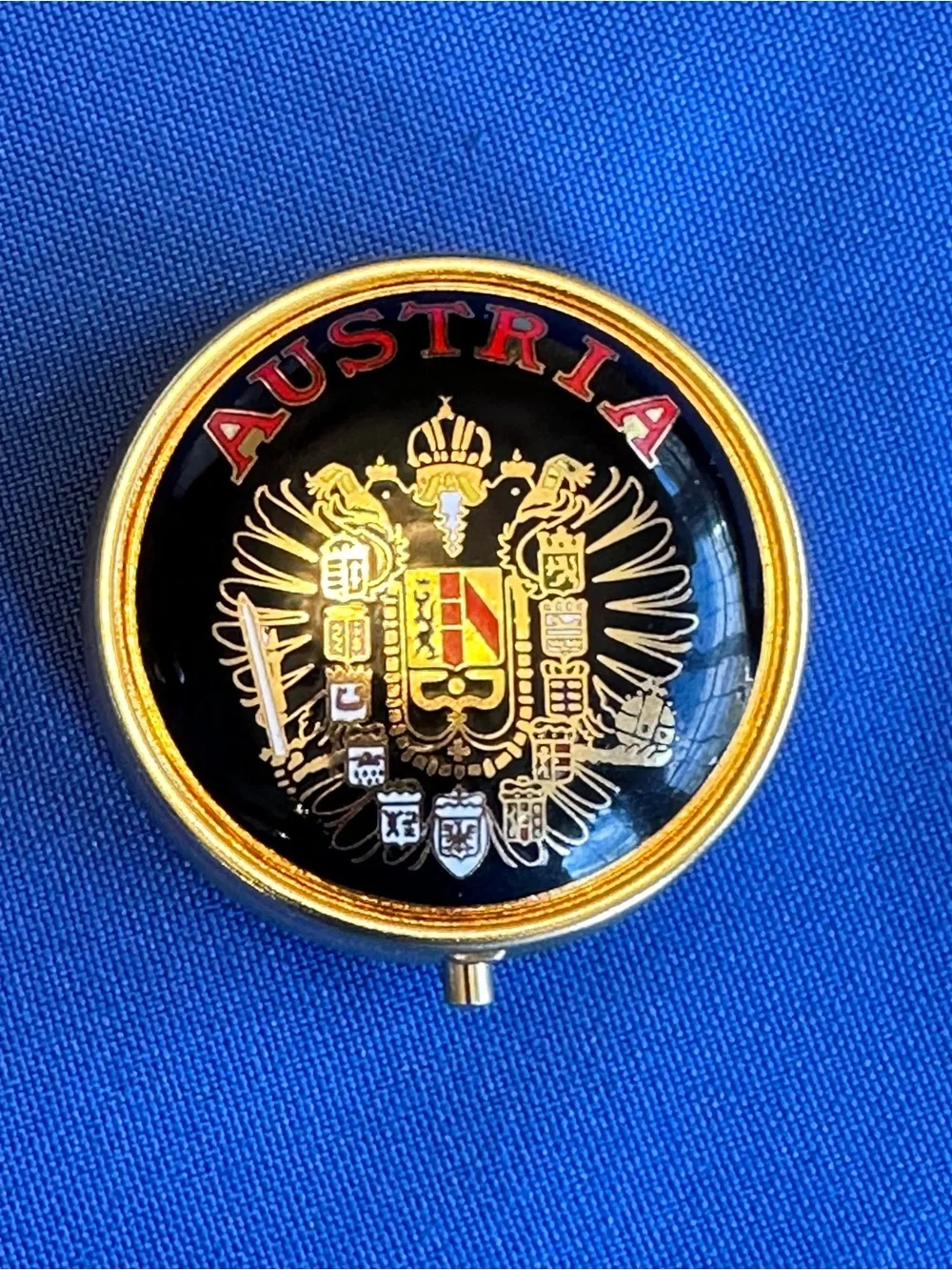 Decorative Austria Crest Divided Pill Box in Black and Gold. Like New